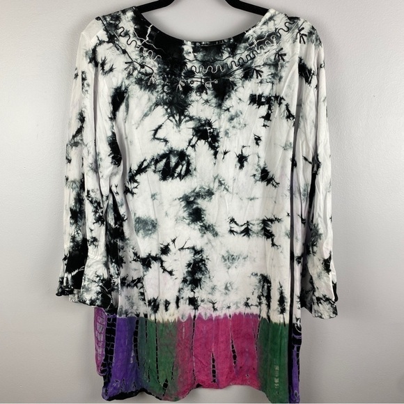 Parsley & Sage Black White Tie Dye Multi Colour Hem Embroidered Button Down XL - Picture 12 of 12